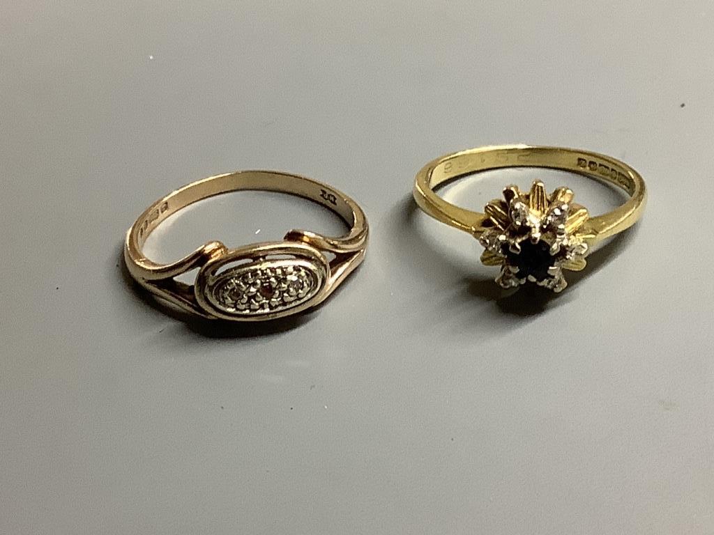 An 18ct gold, sapphire and diamond ring, gross 3.2 grams and four 9ct gold rings, two gem-set, gross 10 grams.